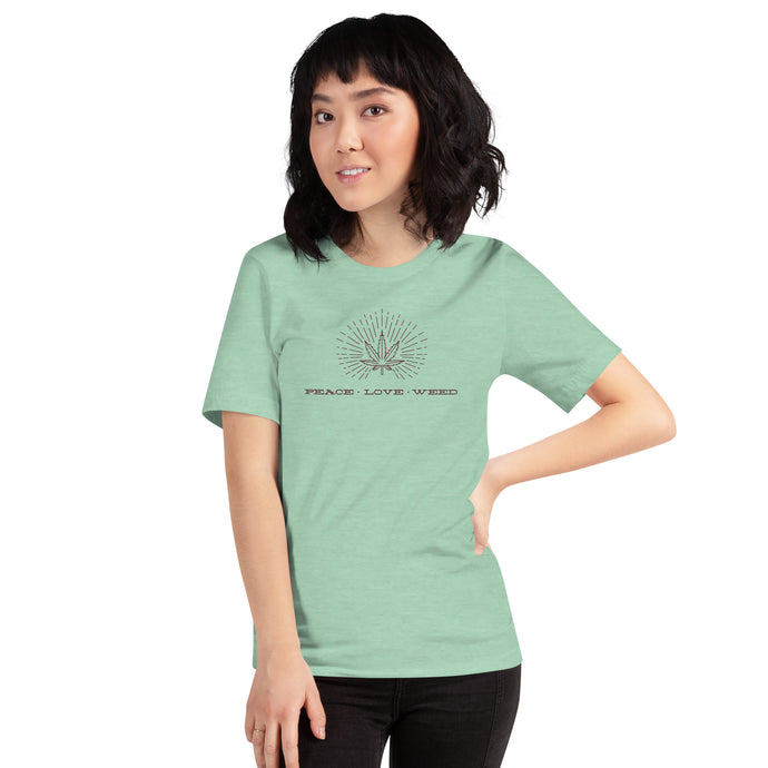 Peace Love Weed-Kind Colours Logo'd Unisex T-Shirt (Front-Back Print) | Kind Colours, Boulder CO