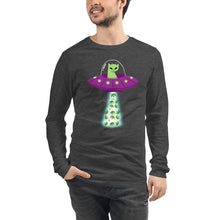 Load image into Gallery viewer, UFO Alien Cat Spaceship Beaming Up Pot - Humorous Unisex Long Sleeve T-Shirt | Kind Colours, Boulder CO