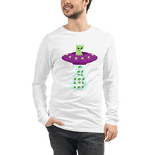 Load image into Gallery viewer, UFO Alien Cat Spaceship Beaming Up Pot - Humorous Unisex Long Sleeve T-Shirt | Kind Colours, Boulder CO