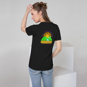 Rocky Mountain High Humorous Cannabis Unisex Pocket Tshirt (Back Print) | KindColours.com, Boulder CO