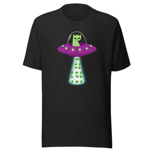 UFO Alien Cat Beaming Up Pot - Humorous Unisex T-Shirt | KindColours.com