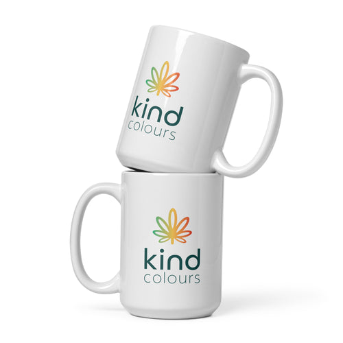 Kind Colours Rainbow Weed Leaf Logo'd 15oz White Glossy Mug | kindcolours.com