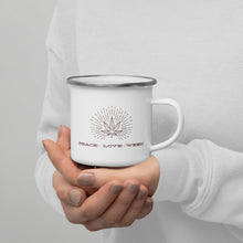 Load image into Gallery viewer, Peace Love Weed 12oz Enamel Mug | kindcolours.com