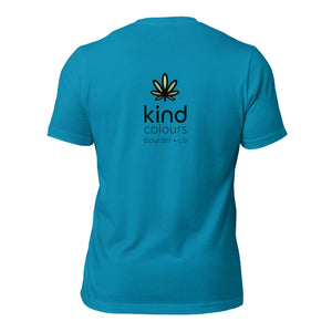 Peace Love Weed-Kind Colours Logo'd Unisex T-Shirt (Front-Back Print) | Kind Colours, Boulder CO